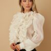 Ruffle Micro Crystal Long Sleeve Blouse – Puff Shoulders