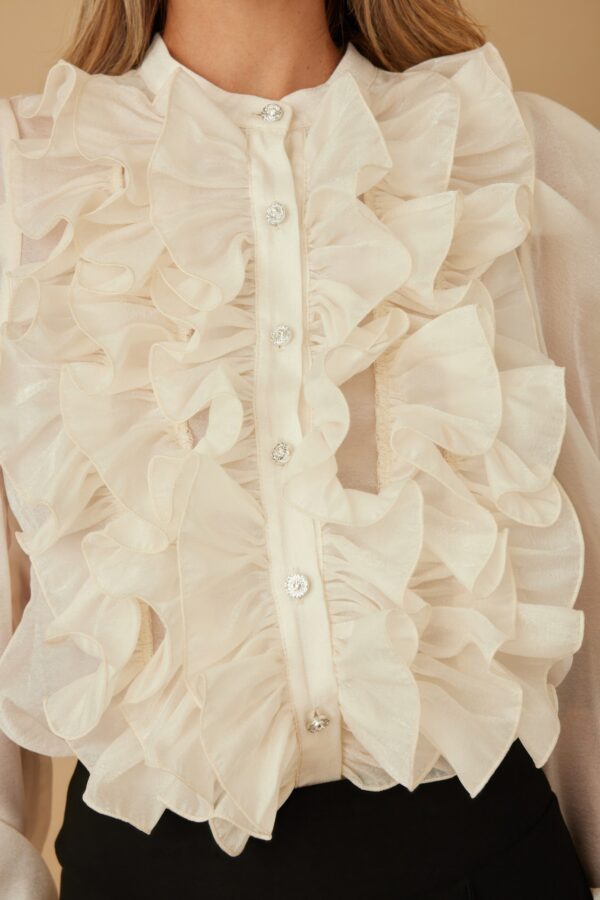 Ruffle Micro Crystal Long Sleeve Blouse – Puff Shoulders