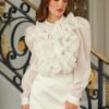 Ruffle Micro Crystal Long-Sleeve Blouse with Puff Shoulders