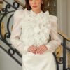 Ruffle Micro Crystal Long-Sleeve Blouse with Puff Shoulders