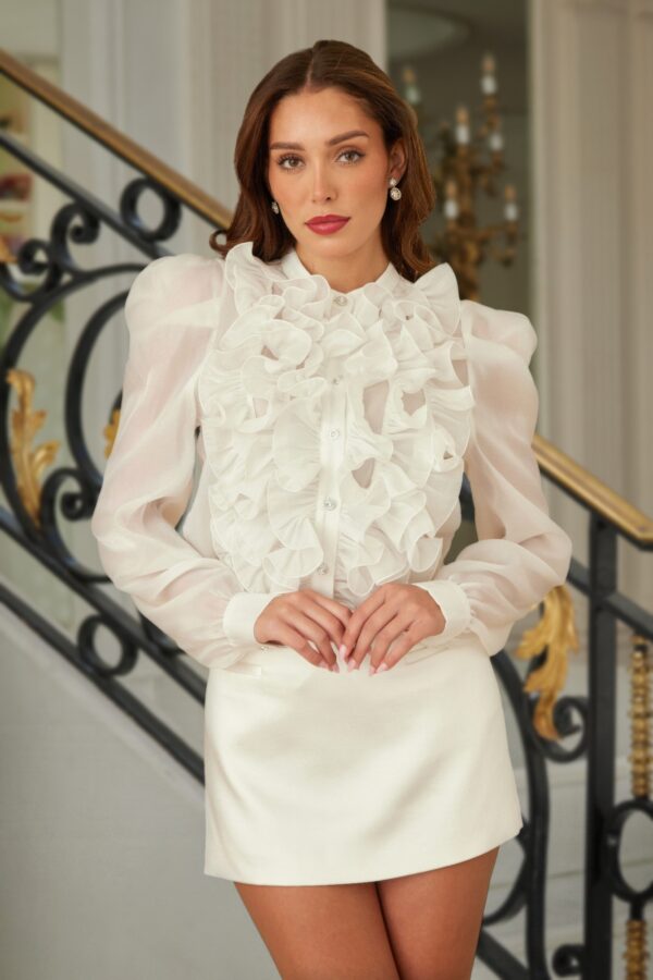 Ruffle Micro Crystal Long-Sleeve Blouse with Puff Shoulders