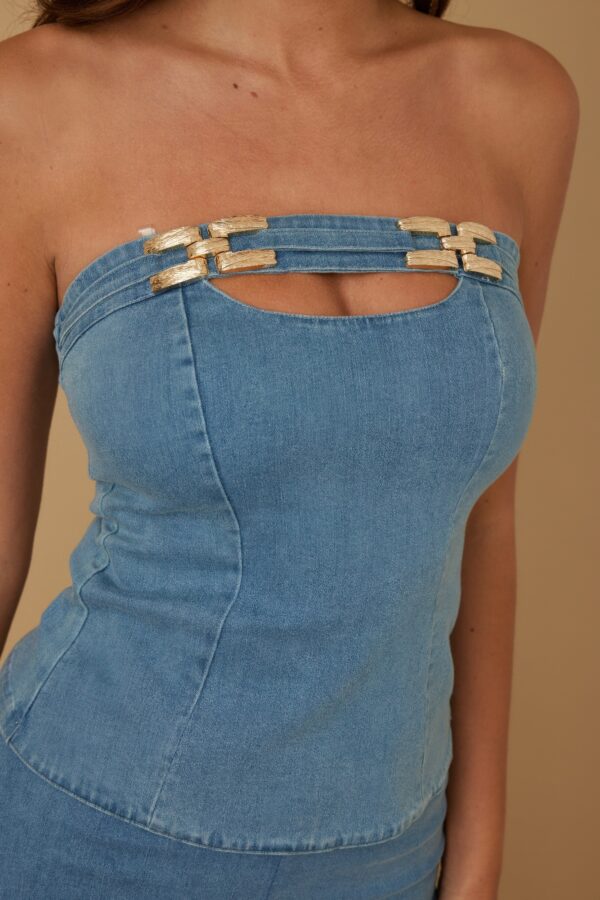 Striped Strapless Suit Set with Chain Accent