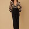 Sequin Floral V-Neck Jumpsuit with Bow Belt