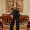 Sequin Floral V-Neck Jumpsuit with Bow Belt