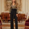 Sequin Floral V-Neck Jumpsuit with Bow Belt