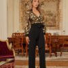 Sequin Floral V-Neck Jumpsuit with Bow Belt