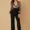 Sequin Floral V-Neck Jumpsuit with Bow Belt