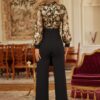 Sequin Floral V-Neck Jumpsuit with Bow Belt