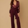 Sequin Floral Jumpsuit with Mesh V-Neck & Bow Belt