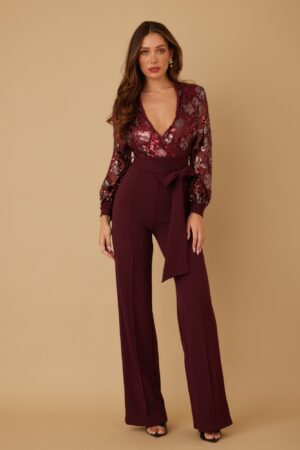 Sequin Floral Jumpsuit with Mesh V-Neck & Bow Belt