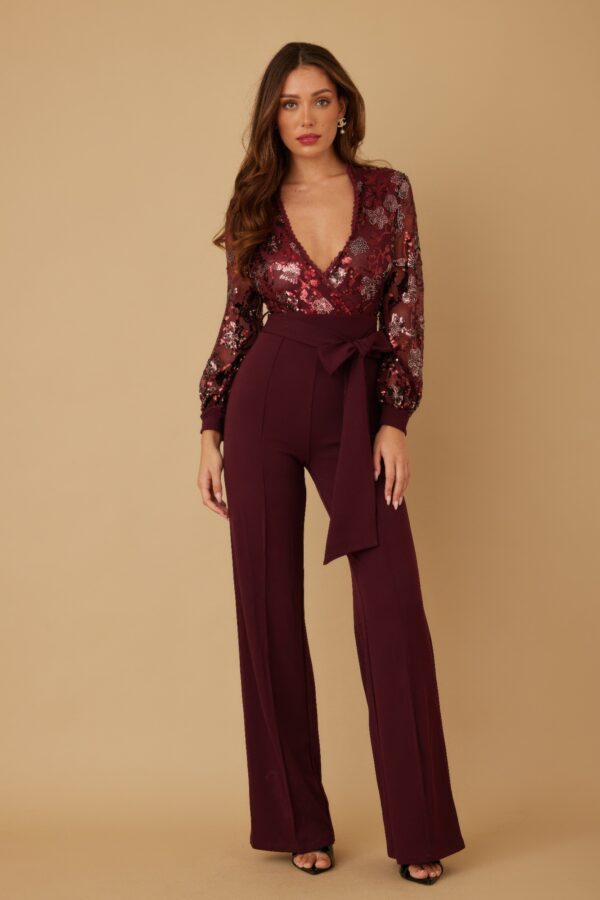 Sequin Floral Jumpsuit with Mesh V-Neck & Bow Belt