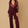 Sequin Floral Jumpsuit with Mesh V-Neck & Bow Belt