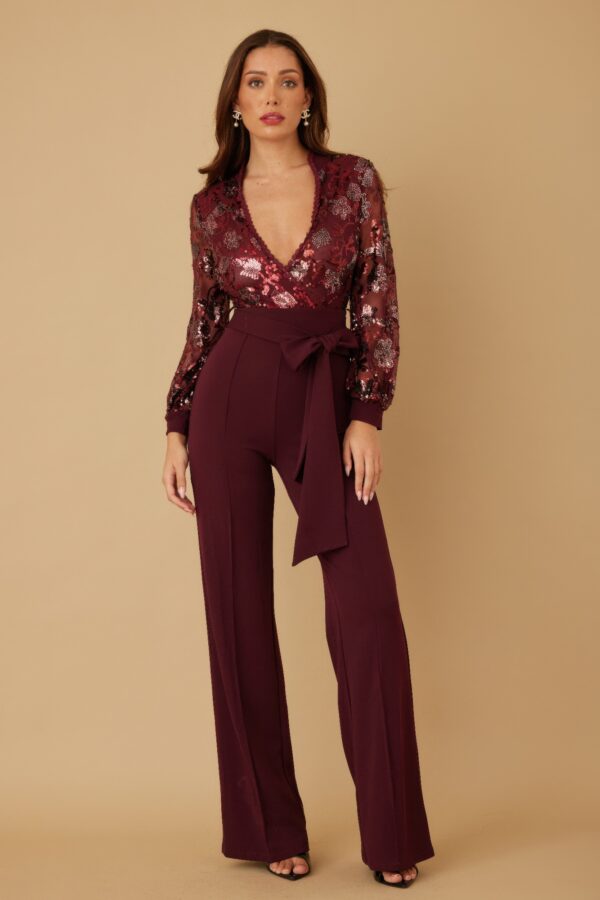 Sequin Floral Jumpsuit with Mesh V-Neck & Bow Belt