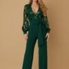 Flower Vein Sequin Print Jumpsuit with Bow Belt