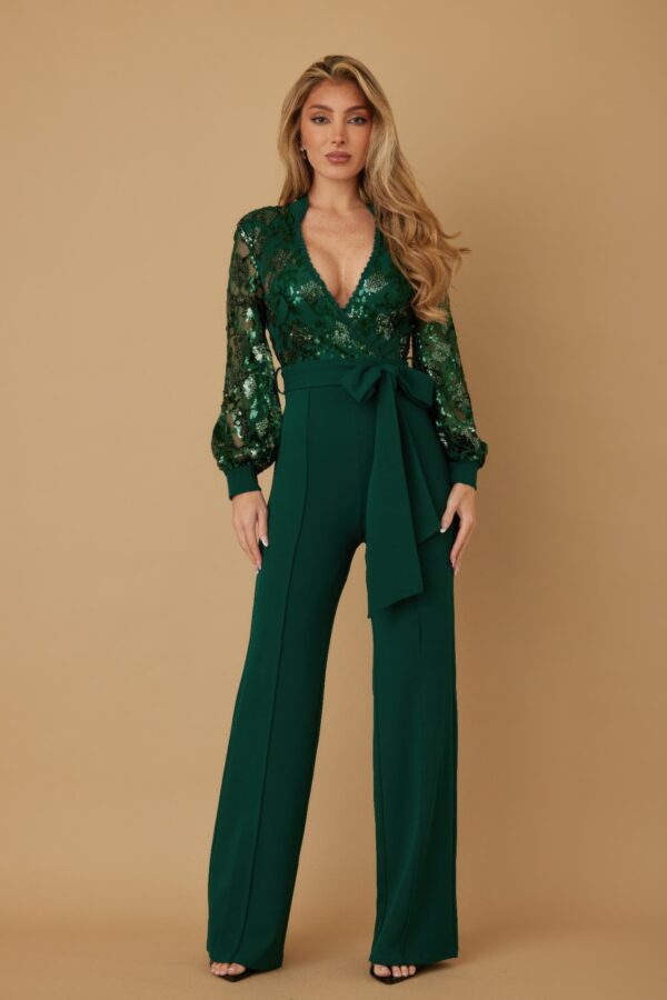 Flower Vein Sequin Print Jumpsuit with Bow Belt