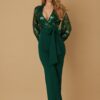 Flower Vein Sequin Print Jumpsuit with Bow Belt
