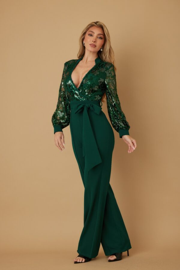 Flower Vein Sequin Print Jumpsuit with Bow Belt