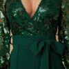 Flower Vein Sequin Print Jumpsuit with Bow Belt