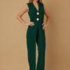 Sleeveless Open-Flap Jumpsuit with Gold Shank Buttons