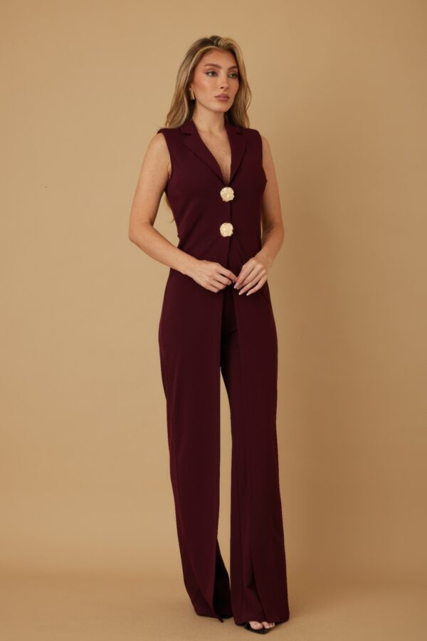 Open-Flap Jumpsuit with Gold Metal Shank Buttons