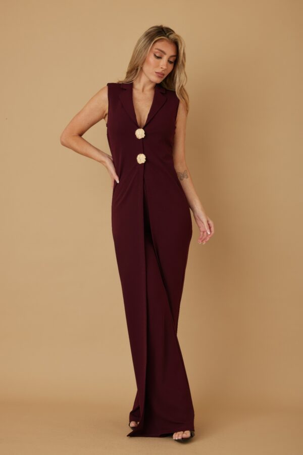 Open-Flap Jumpsuit with Gold Metal Shank Buttons