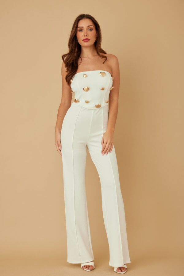 Strapless Jumpsuit with Flat Mirror Stone Detail