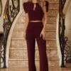 Puff Cap-Sleeve Jewel Two-Piece Set – Cropped Top & Flare Pants