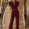 Puff Cap-Sleeve Jewel Two-Piece Set – Cropped Top & Flare Pants