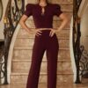 Puff Cap-Sleeve Jewel Two-Piece Set – Cropped Top & Flare Pants