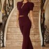 Puff Cap-Sleeve Jewel Two-Piece Set – Cropped Top & Flare Pants