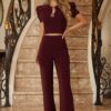 Puff Cap-Sleeve Jewel Two-Piece Set – Cropped Top & Flare Pants