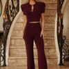Puff Cap-Sleeve Jewel Two-Piece Set – Cropped Top & Flare Pants