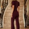 Puff Cap-Sleeve Jewel Two-Piece Set – Cropped Top & Flare Pants