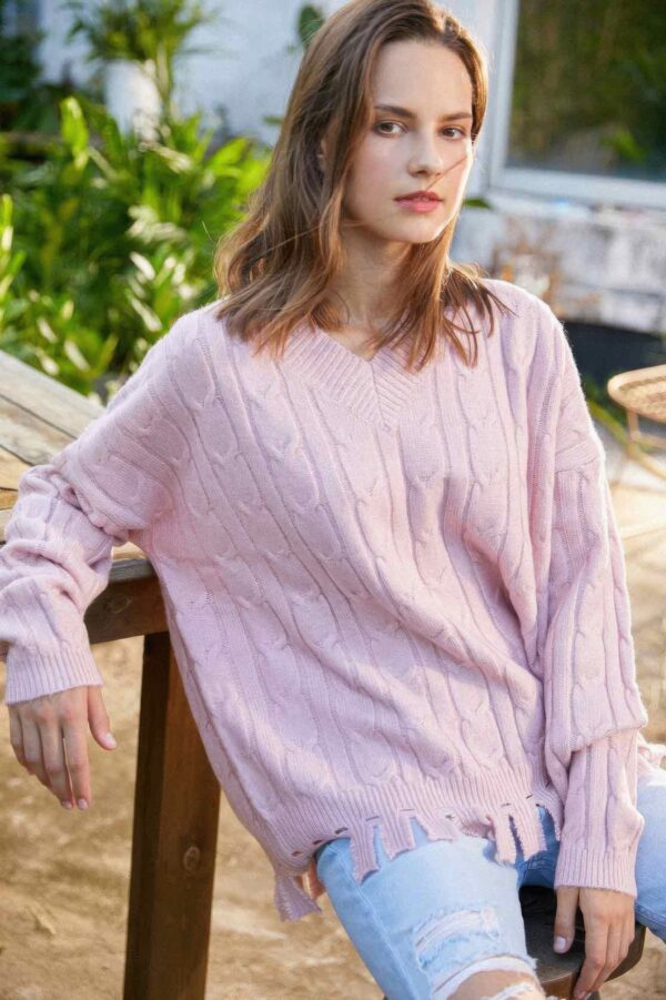 Solid V-Neck Knit Sweater with Side Slits