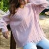 Solid V-Neck Knit Sweater with Side Slits