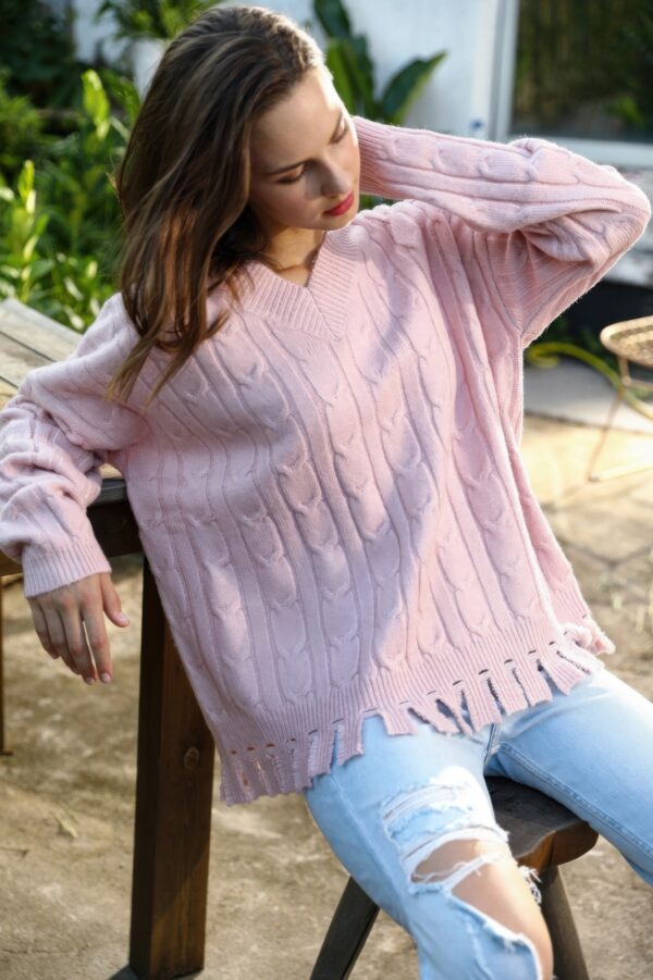 Solid V-Neck Knit Sweater with Side Slits