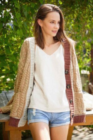Colorblock Cardigan with Cross Cable Knit