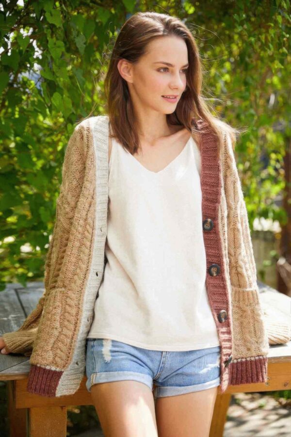 Colorblock Cardigan with Cross Cable Knit