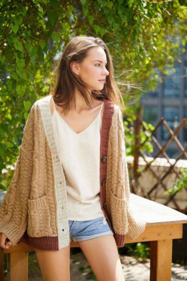 Colorblock Cardigan with Cross Cable Knit