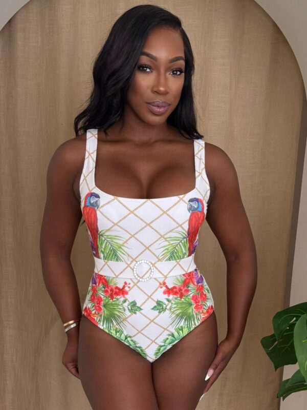 Parrot Print One-Piece Swimsuit with Pearl Belt