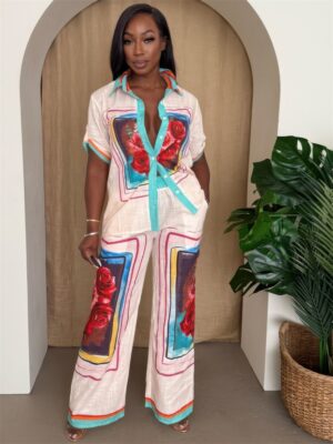 Rosa Frame Button-Up Resort Set – Rose Print & Teal Piping