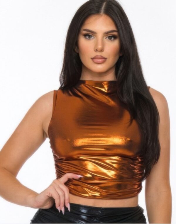 Metallic Mock-Neck Crop Top – Sleek Sleeveless Shine