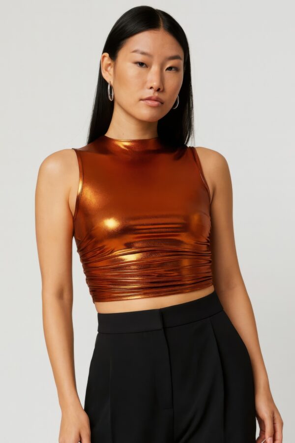 Metallic Mock-Neck Crop Top – Sleek Sleeveless Shine