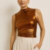 Metallic Mock-Neck Crop Top – Sleek Sleeveless Shine