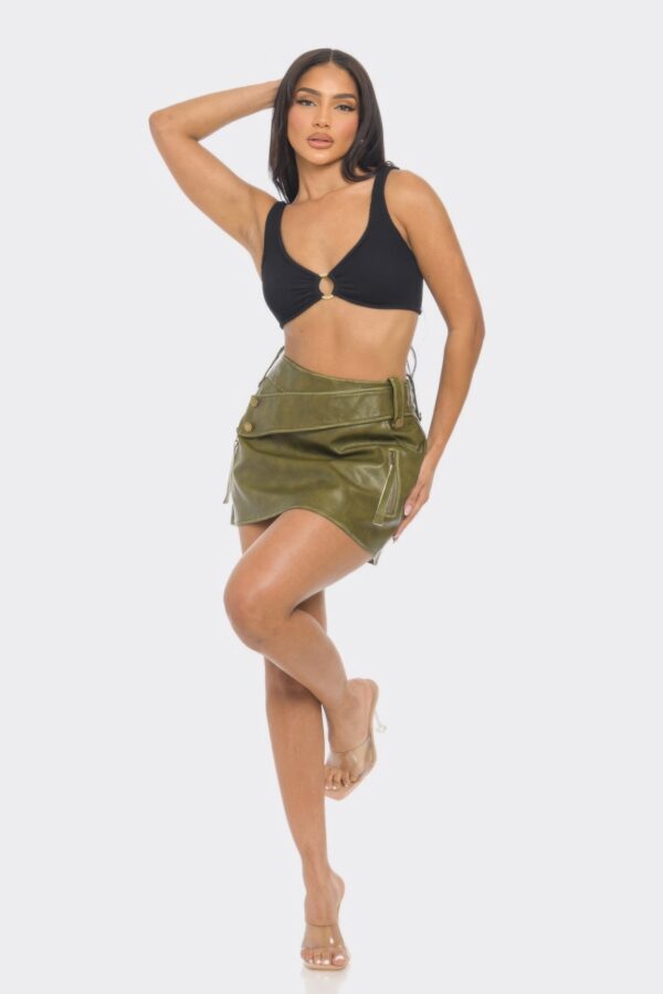 Faux Leather Strap Mini Skirt – Cross-Strap Detail