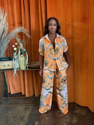 Solar Muse Pants Set – Orange Sun & Seashell Print