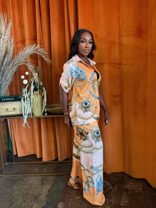 Solar Muse Pants Set – Orange Sun & Seashell Print