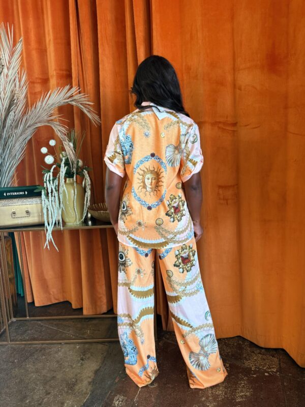 Solar Muse Pants Set – Orange Sun & Seashell Print