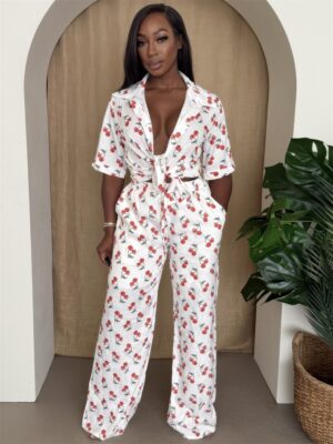 Cherry Pop Tie-Front Wide-Leg Set in White Cherry Print