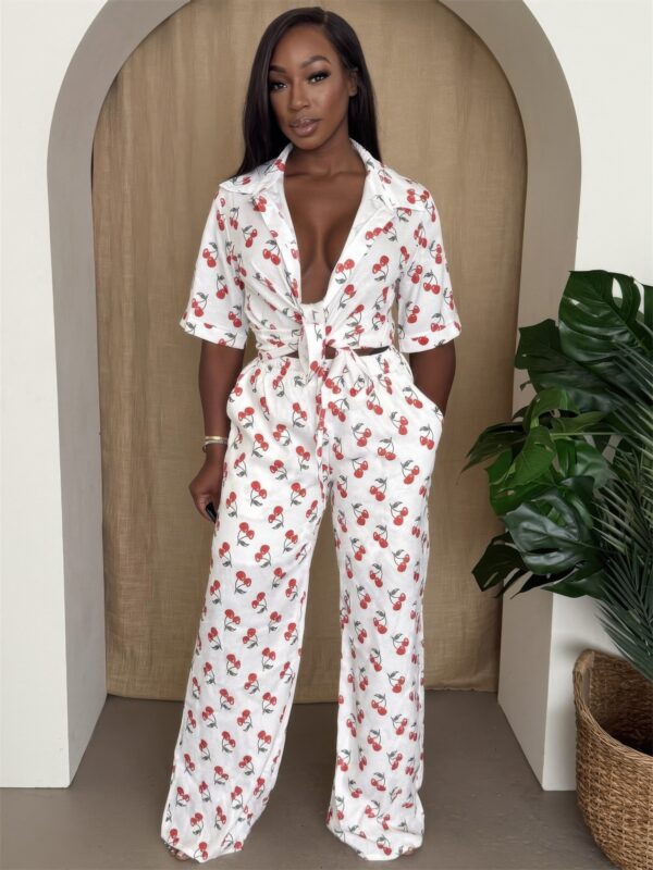 Cherry Pop Tie-Front Wide-Leg Set in White Cherry Print